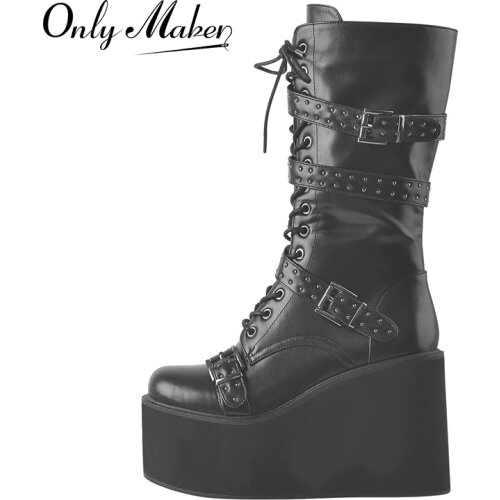Onlymaker Women Platform Ankle Boots Lace-Up Round Toe Matte Black Rivet Buckles Decoration Wedges Heel Booties Zipper Punk