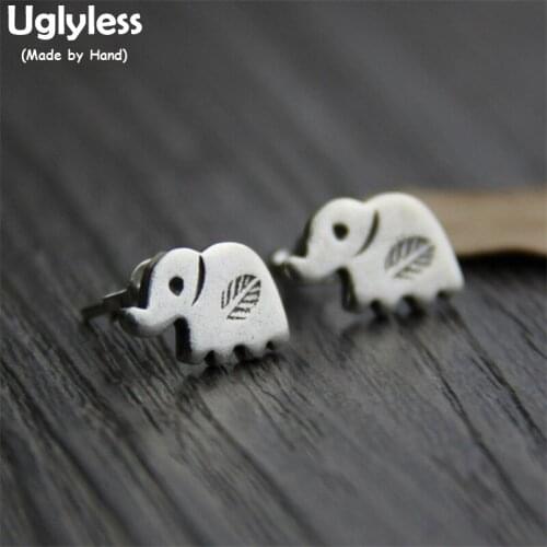 Uglyless Real 925 Sterling Silver Women Lovely Elephant Stud Earrings Handmade Engraved Leaves Studs Ethnic Fine Jewelry Brincos