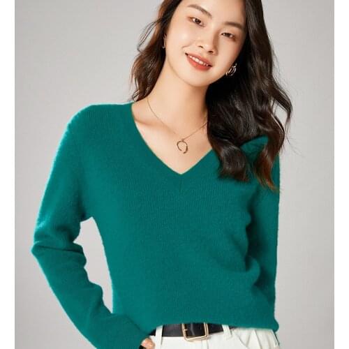 100% Wool Sweater Women Pullover Knitted Sweaters 2021 Autumn Winter V-neck Soft Warm Loose Jumper Pull Femme 6 Colors M-2XL