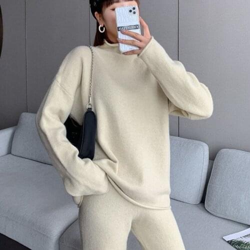 Knitted 2 Piece Set Tracksuits Women 2021 Fall Winter Thick Warm Loose Pullover Sweater + Pant Suits Casual Two Piece Sets