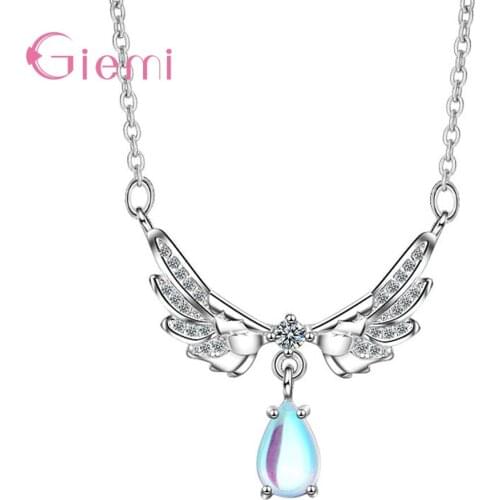 Temperament 925 Sterling Silver Angel Wings Pendant Necklace for Women Girl Moon Stone Clavicular Chain Jewelry