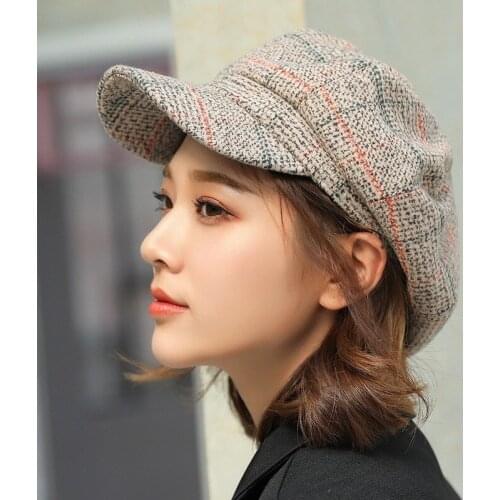 Winter Hats Women Autumn Winter Wool Octagonal Caps Stylish Artist Painter Newsboy Cap Visors Fashion Black Grey Plaid Berets