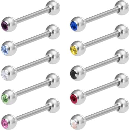 1pc CZ Gem Tongue Barbell Stainless Steel Tongue Piercing Nipple Rings Stud Bar Cartilage Helix Punk for Women Body Jewelry 14G