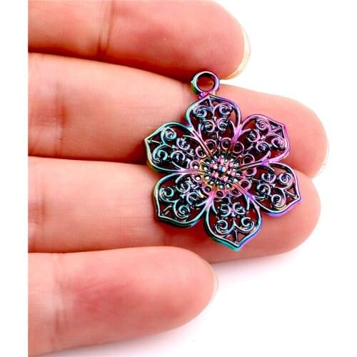 10pcs Rainbow Color Flowers Alloy Pendants Charms Hollow Pattern Pendants Necklace DIY Accessories Necklace Jewelry Women Gifts
