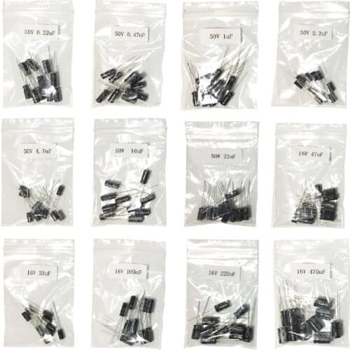 120pcs 1set of 120pcs 12 values 0.22UF-470UF Aluminum electrolytic capacitor assortment kit set pack 1UF 2.2UF 4.7UF 10UF 50V