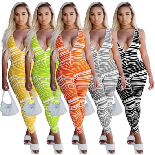 2021 New Style Women Skinny Overalls Ladies Stripe Printed Deep V-neck Sleeveless Jumpsuit Summer Plus Size S-XXXL