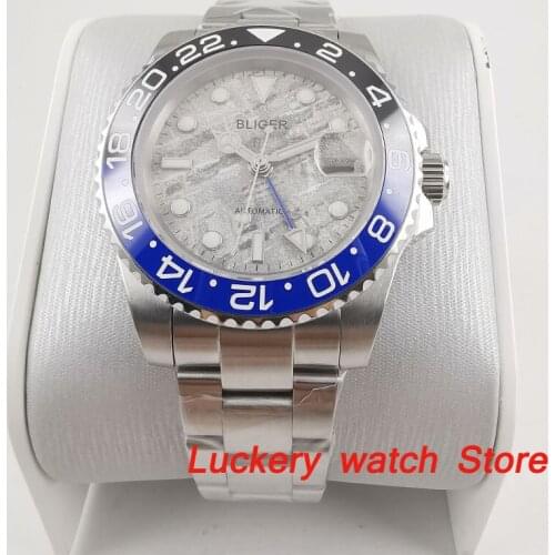 40mm bliger gray dial luminous saphire glass;black and blue ceramics Bezel blue GMT Automatic movement mens watch-BA176