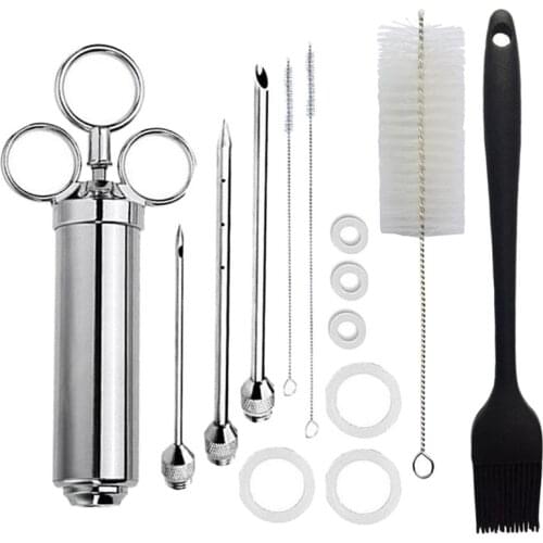 8pcs Marinade Seasoning Injector Turkey Meat Injectors Stainless Steel Cooking Syringe Injection With Needles Cleaning Brushes