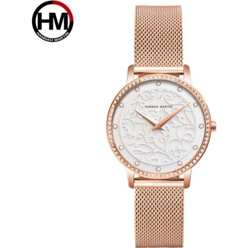 Women Rhinestones Watches Fashion White Flower 3D Engraving Dial Face Japan Mov't Waterproof Top Luxury Brand Ladies Watches