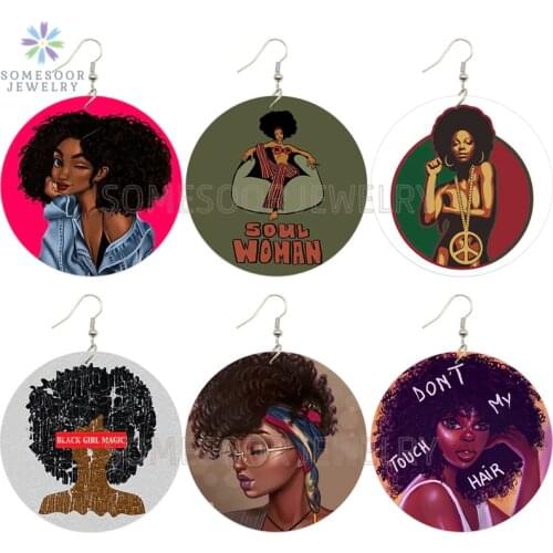 SOMESOOR Soul Woman Black Girl Magic African Wooden Drop Earrings Afro Natural Hair Design Printed Wood Jewelry For Women Gifts