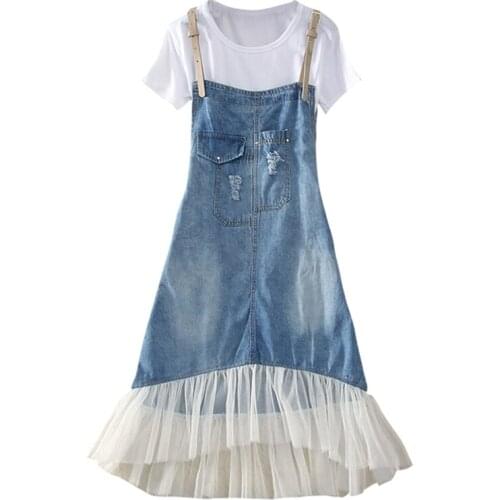 2020 Suspenders Jeans Overalls Dress Womens Sundress Elegant Summer Ripped Mesh Denim Dresses Vestidos Female Robe