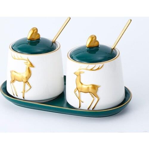 Ceramic deer seasoning jar set seasoning box combination cute kitchen sugar salt spice seasoning container household goods