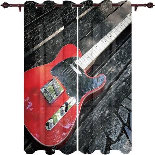Red Guitar Wood Board Valance Window Curtains For Living Room Bedroom Kitchen Home Luxury Youth Room Treatment Window Curtains