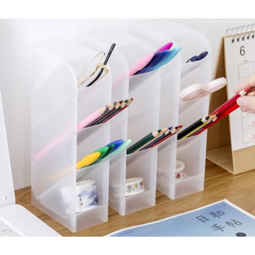 Multifunctional Transparent 4 Gird Desktop Organizer Pen Holder Desk Makeups Pencil Storage Stand Box School Office Stationery