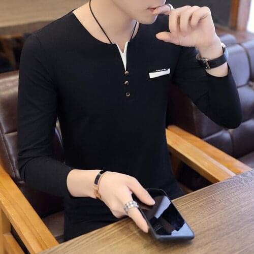 Mens clothing spring and autumn mens long sleeve T-shirt solid color Pullover V-neck T-Shirt New Top men clothing