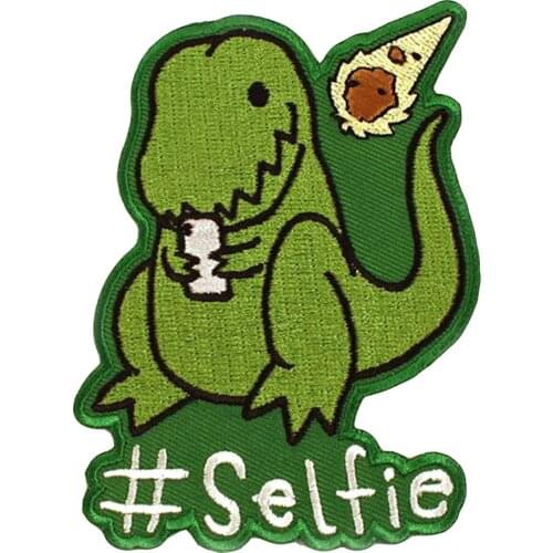 Watching Phone Selfie Dino Embroidery Patches Iron on Clothing Cartoon Cute Applique for Tshirts Hoodies DIY Customized Quality