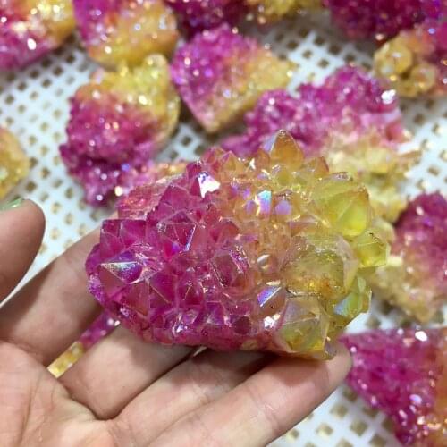 Natural Pink and yellow crystal clusters electroplated mineralspecimens are arranged specimen home decorative stone collection a