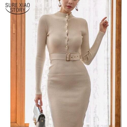New Elegant Round Neck Female Long Sleeve Sashes Dress Autumn Korean Knitted Dress Slim Single-breasted Hip Split Dress 12921