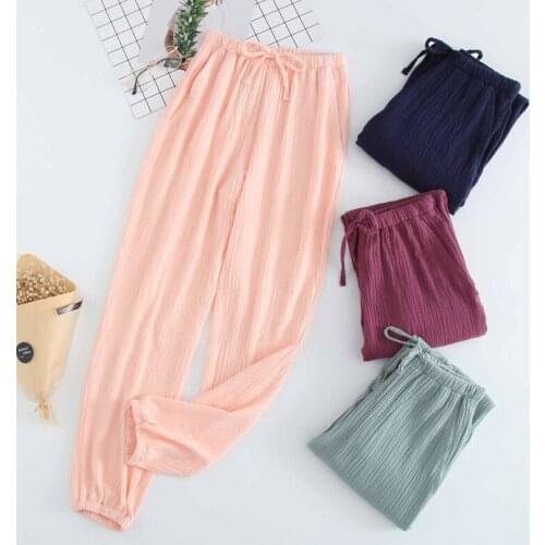 New Couple Sleep Pants Cotton Gauze Crepe Style Spring Summer Pink Bottoms Womens Breathable Trousers Drawstring Pajama Pants