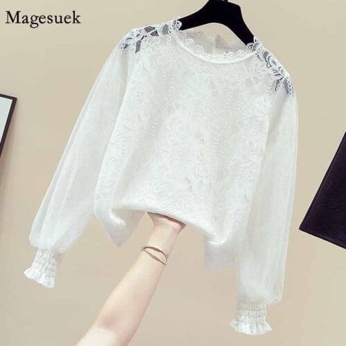 Transparent Mesh Lantern Long Sleeve Sweet See-through Blouse Women Lace Blouse Fashion Button White Shirt Female Blusas 11142