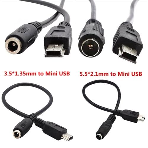 3A DC Power Jack Female 3.5mm x1.35mm / 5.5mm*2.1mm to Mini USB 5 Pin Male Cable 20cm Black for MP3 Camera