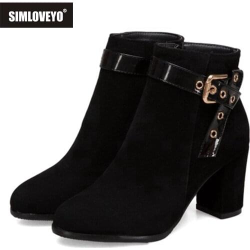 SIMLOVEYO New spring Winter Women ankle boots High Quality Lace-up European Ladies shoes Flock High heels boots Fast delivery