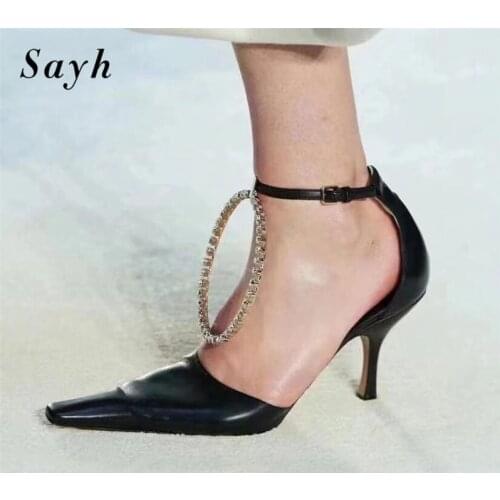 Women Sandals Pointed Toe Shiny Rhinestones Crystal Shoes High Heels Pumps Shoes Black Shoes