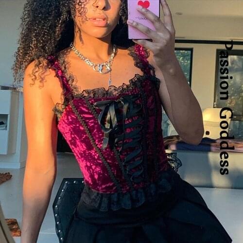 Harajuku Women Gothic Lace Stitching Crop Tops Femme Lace Up Ruffles Gold Velvet Tank Vest Bandage Party Club Festival Tops 2021