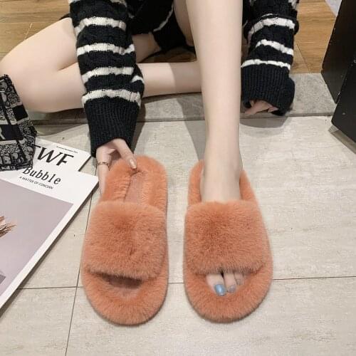 Women Winter Fluffy Slippers Warm Plush Indoor Shoes Fur Home Soft Slippers Slip On Flats Comfortable House Slippers Open Toe