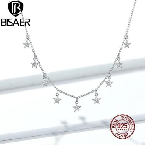 Star Necklace BISAER 925 Sterling Silver Stackable Star Luminous Women Necklaces for Women Collar Sterling Silver Jewelry EFN116