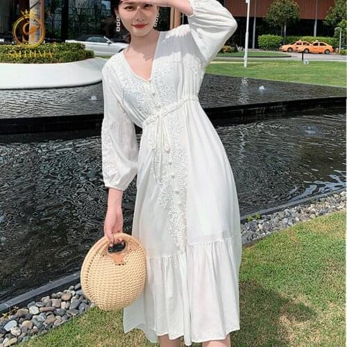 SMTHMA New Fashion Pan Flower White Summer Dress For Women Sexy V Neck High Waist Single-Breasted Midi Dresses Female Clothes