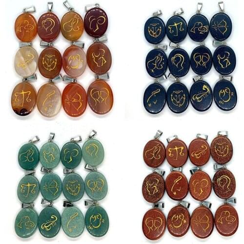 12pcs/pack Natural Stone Red Agate Opal Pendant Twelve Constellation Set Pendant Reiki Treatment Healing Reiki Decoration