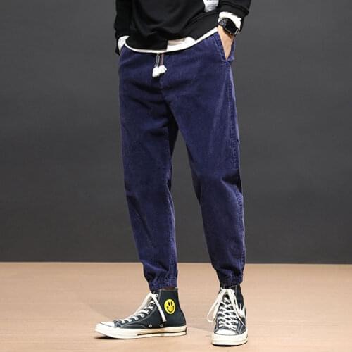 2021 Fashion Men Jeans Loose Fit Casual Corduroy Cargo Pants Elastic Harem Trousers Blue Coffee Color Hip Hop Jeans Men Jogger