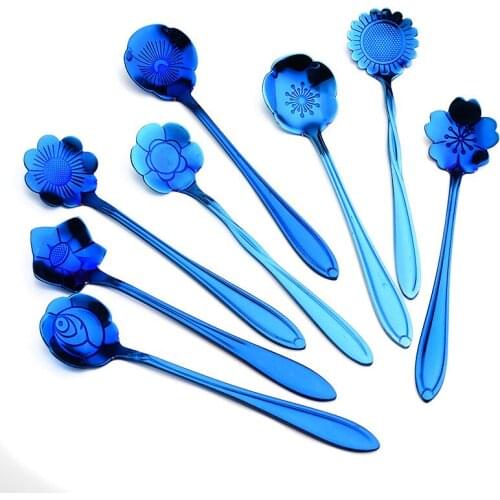 5pcs Blue Gold Plated Stainless Steel Tableware Cherry Blossom Spoon Rose Type Spoon Coffee Spoon Stir Spoon Flatware Set