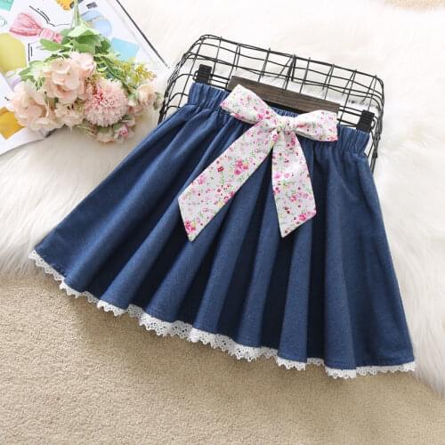 Kids Girls Denim Skirts Floral Bow Pleated Skirts 2021 New Spring Summer Teenage Solid Jean Skirts Lace Stitching Skirts 5-18Y
