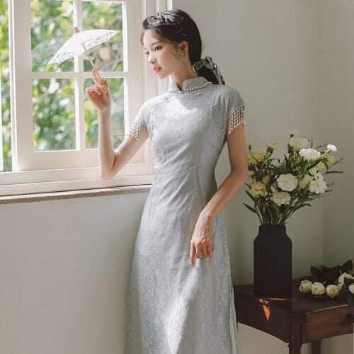 Elegant Style Retro Cheongsam Improved Dress Summer French Tassel Chic Mesh Embroidered Slim Midi Cheongsams