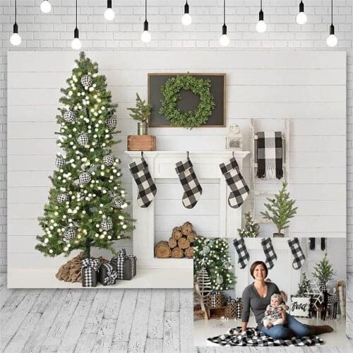 Avezano Photography Backdrop Christmas Tree Winter Fireplace Plaid Socks Decoration Child Background For Photo Studio Photophone