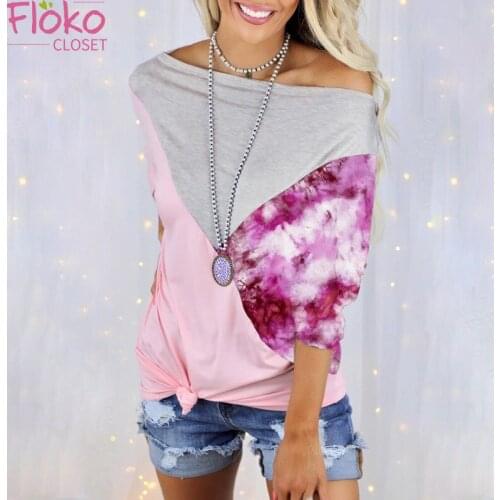Flokocloset Summer Slash Neck Tie Dye Print T-shirt Casual Contrast Color Womens Tops Tee
