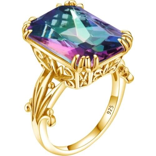 14K Gold Rainbow Mystic Topaz Ring 925 Sterling Silver Rings For Women Gemstones Square Wedding Party Silver 925 Jewelry Ringe
