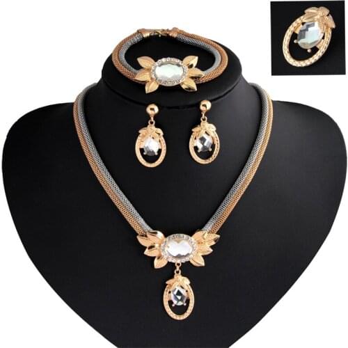 MIQIAO Gold Plated Retro Brooch Bracelet Bangles Earrings Necklace Jewelry Set for Women Couple Wedding Engagement Friends Gift