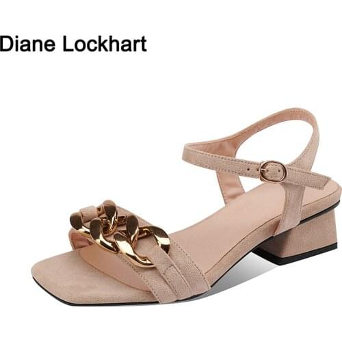 New Arrivals Sexy Square Open Toe Women Sandals Metal Chain Thick 3CM Heels Party Shoes Lady Sandali Small Size Sandales Femmes