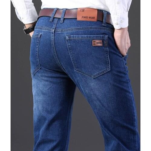 Richkeda Store New Mens Brand Stretch Jeans New Business Casual Slim Fit Denim Pants Black Blue Trousers Jeans Male Plus Size