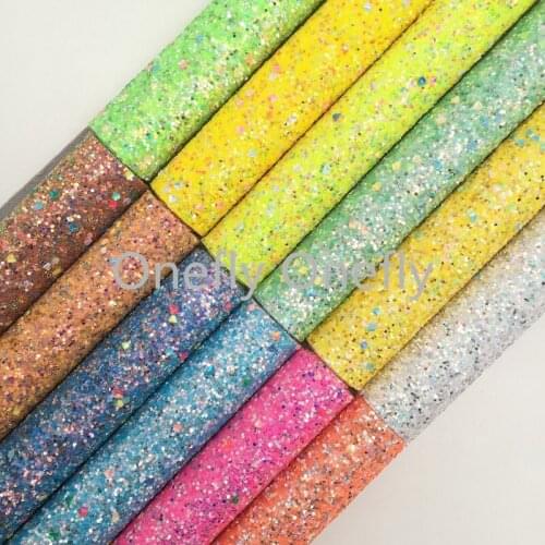 Onefly Wholesales Dropshipping Leather Supplier Neon Chunky Glitter Faux Vinyl Leather Fabric Soft Backing For Bow DIY FZ060A