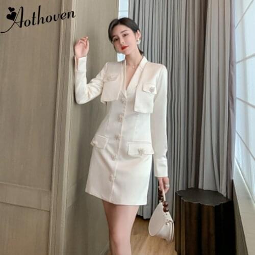 Autumn Women Suit White Sleeveless Dress and Blazer Coat Two Piece Set Elegant Office Lady Workwear Long Sleeve Dress Vestidos
