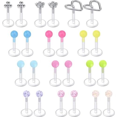 24pcs Bioplast Flexible 16G Push-in Labret Lip Stud with Press Fit Steel Zircon Ear Cartilage Tragus Piercing Body Jewelrys