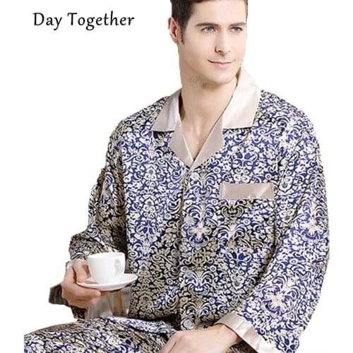 Plus Size Men Luxury Satin Pajamas Long Sleeved Silk Pijama Sleepwear For Men Pyjamas Set Printed Nightwear Man