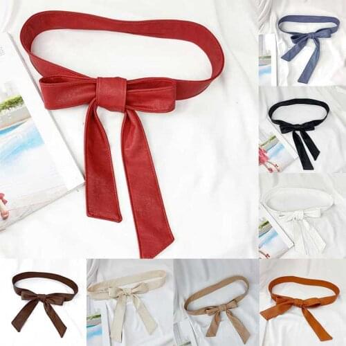 Solid Color PU Dress Belt Vintage Female Belt Soft Leather Elegant Bow Knot Tie Wrap Around Waist Belt Elastic Belts For Woman