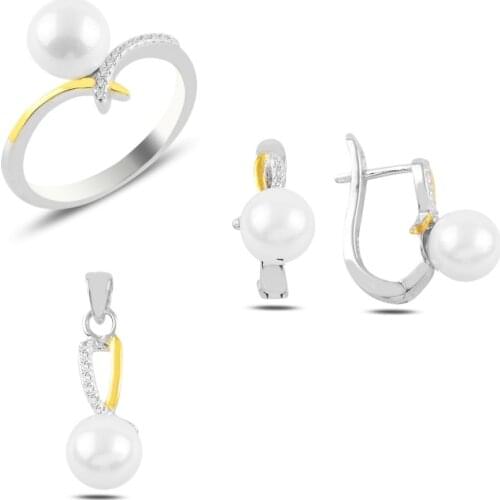 Silver 925 Sterling Pearl & Zircon Crystal Double Color Set