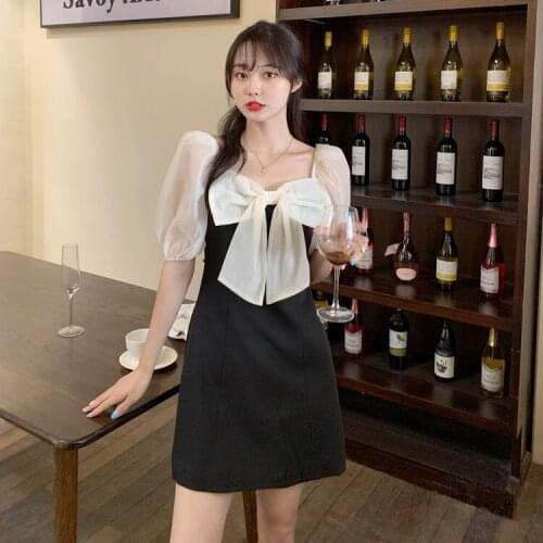 Puff Short Sleeve Girl Sweet Big Bow Party Dresses Plus Size Vintage Elegant Lady Mini Dress Strapless Backless Empire Vestidos