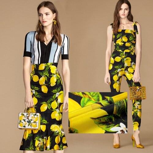 High Quality 19mm Black 97% Mulberry Silk Fabric Stretch Satin Tissu Lemon Prints Pillow Summer Haute Couture Fabrics Wholesale